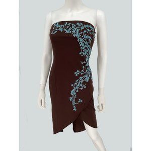 HOURS LASS Chocolate Brown Evening Dress with Turquoise Beads Sz S